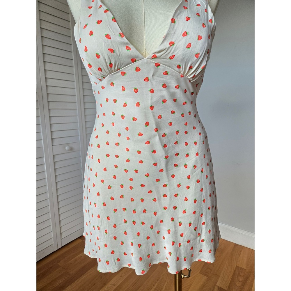 Zara Strawberry Print Bias Mini Dress Size L White Red Y2K Coquette Cottage Chic - Picture 5 of 9
